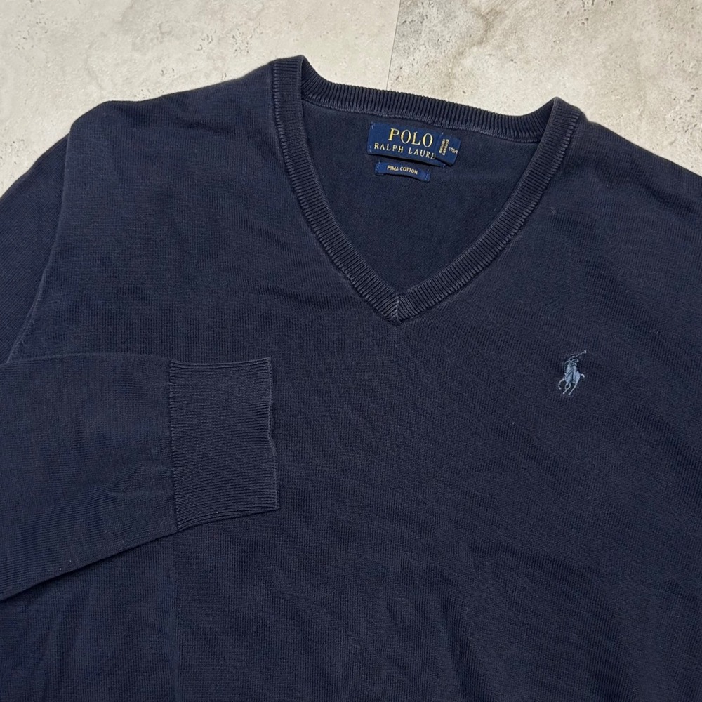 Polo Ralph Lauren V-Neck Sweater Navy Blue Mens Size S Pima Cotton Pullover Logo